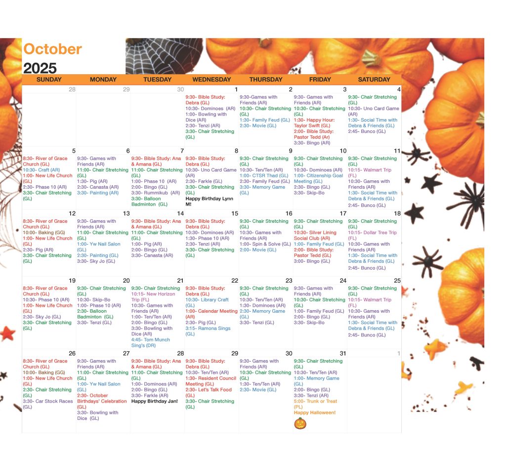 Cappella Pueblo West Senior Living Community in Pueblo West, CO - october 2025 assisted living calendar page 1