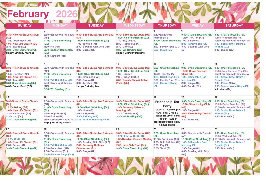 Cappella Pueblo West Senior Living Community in Pueblo West, CO - febuary 2026 calendar