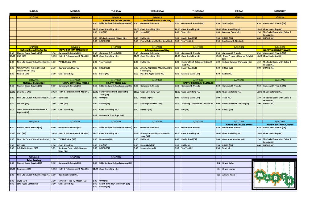 Cappella Pueblo West Senior Living Community in Pueblo West, CO - march calendar 2026