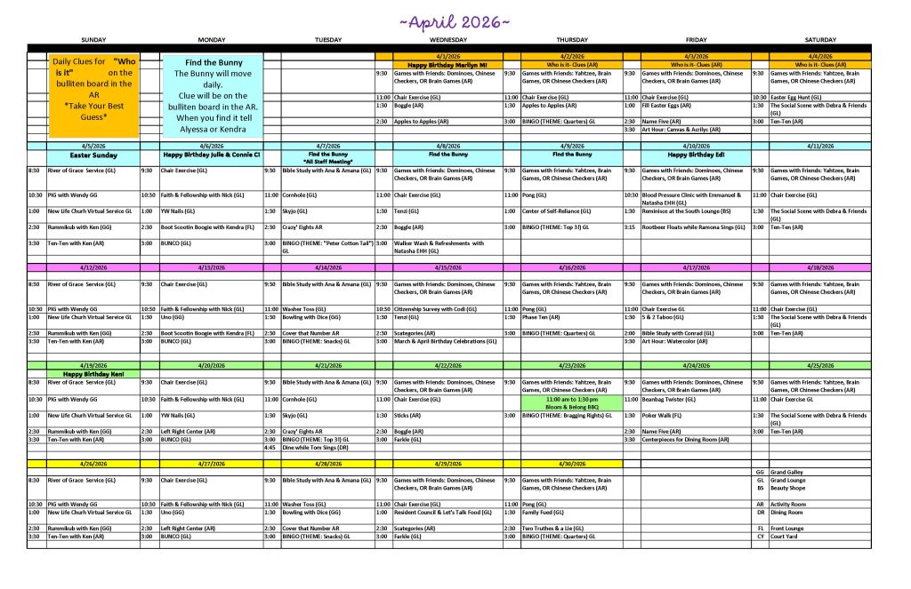 Cappella Pueblo West Senior Living Community in Pueblo West, CO - april calendar 2026