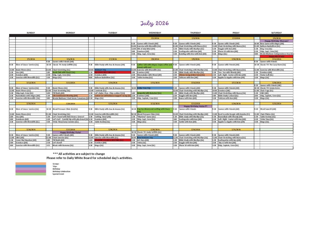 Cappella Pueblo West Senior Living Community in Pueblo West, CO - july 2026 calendar