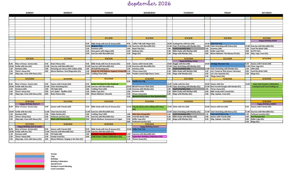 Cappella Pueblo West Senior Living Community in Pueblo West, CO - september calendar