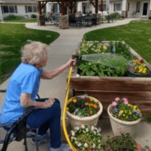 Cappella Pueblo West Senior Living Community in Pueblo West, CO - resident watering in the courtyard square